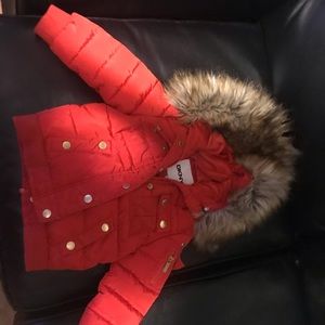 Red DKNY Winter Jacket With Fur Trimmings